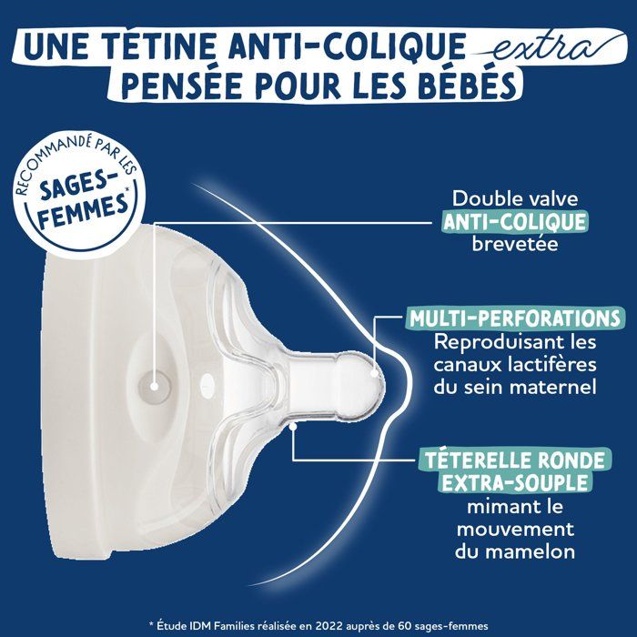 Biberon anti-colique - DODIE - 270 ml - Tétine multi-perforée biomimétisme - +3 mois - Débit 2 - Bleu