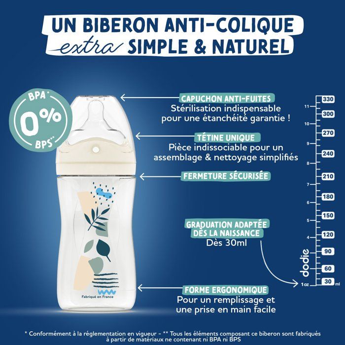 Biberon anti-colique - DODIE - 270 ml - Tétine multi-perforée biomimétisme - +3 mois - Débit 2 - Bleu