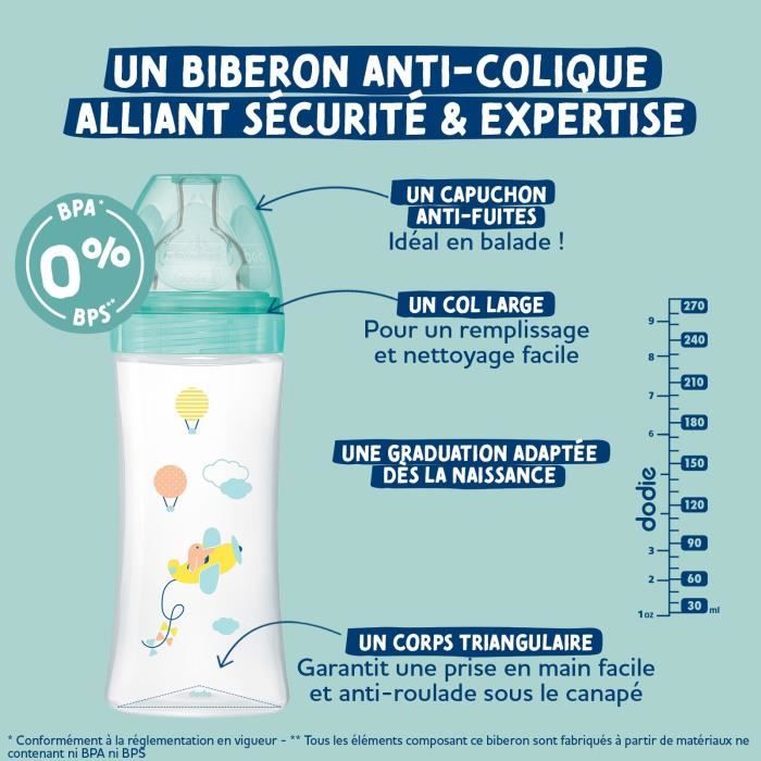 Lot de 3 biberons - DODIE - EB19 - 270 ml - Tétine plate - Vert