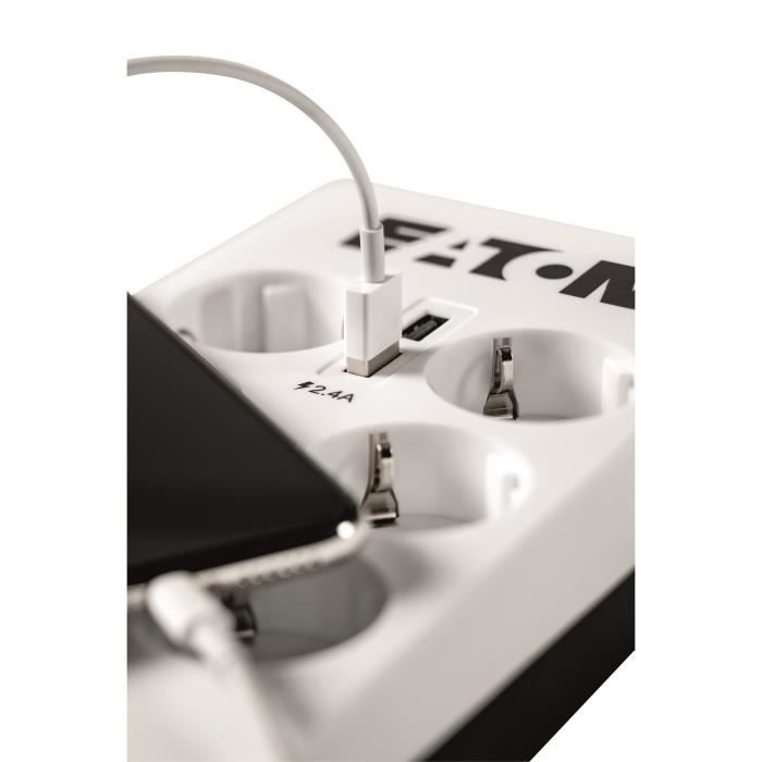 Multiprise/Parafoudre - EATON Protection Box 6 Tel USB FR - PB6TUF - 6 prises FR + 1 prise tel/RJ + 2 ports USB - Blanc & Noir