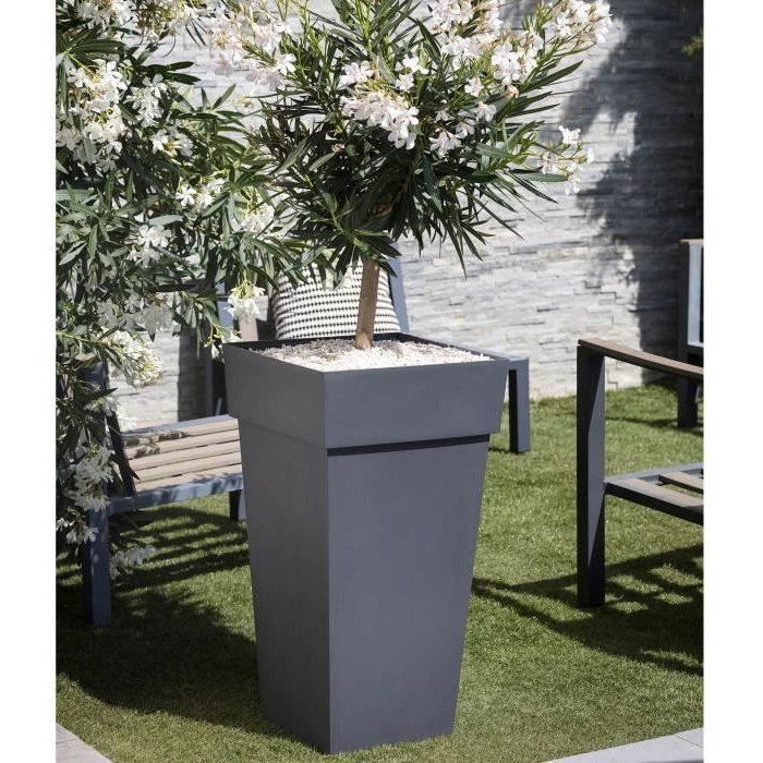 Pot de fleurs XXL carré - Toscane - EDA - 43,3 x 43,3 x H. 80 cm - Intérieur / Extérieur - 98 L - Gris Anthracite