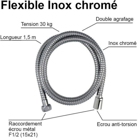 Flexible de douche - ROUSSEAU - Écrous métal anti-torsion - Réducteur de débit - Longueur 1m50 - Inox chromé double agrafage