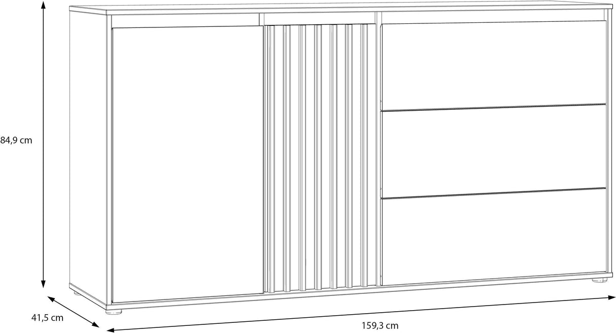 Buffet ELISTON - Blanc Mat & Chene – 2 Portes + 3 Tiroirs – L 159,6 × P 41,5 × H 81,7 cm