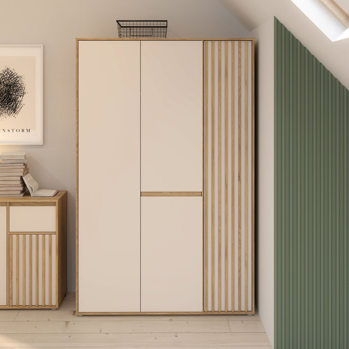 Armoire de chambre - ELLISTON - Décor Sable et  Chene - 3 portes battantes - L128,7 x P54 x H200 cm