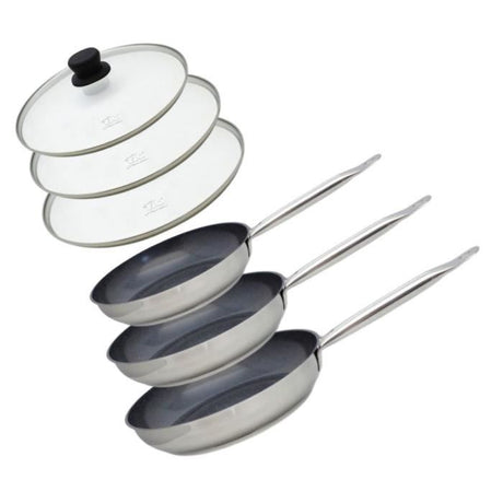 Set de 3 poeles a induction avec couvercles en verre - ELO - Professional - Inox 18/10 ELODUR - Ř 24-28 et 32 cm