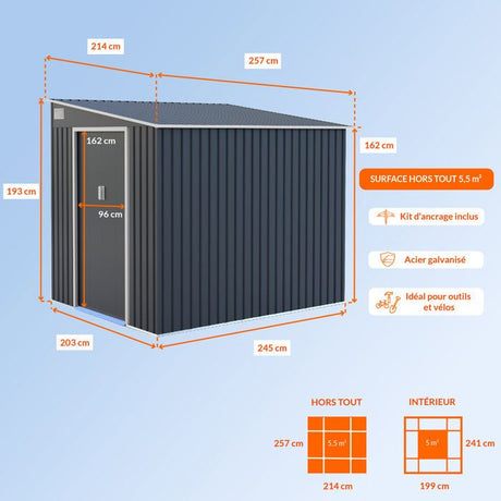 Abri de jardin en métal 5,5 m˛ - 215 x 257 x 193 cm - TORONTO - Kit d'ancrage inclus, 2 portes coulissantes - Gris