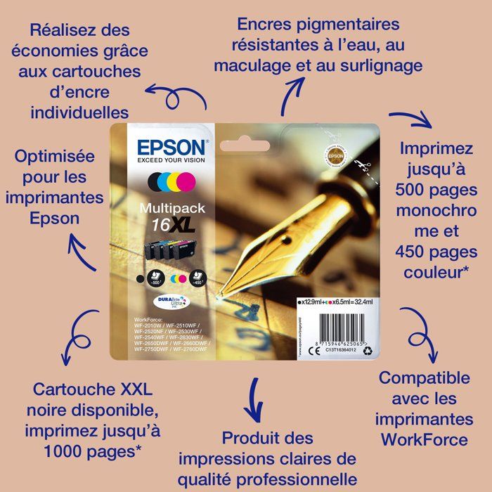 EPSON Multipack T1626 - Stylo Plume - Noir, Cyan, Magenta, Jaune (C13T16264012)