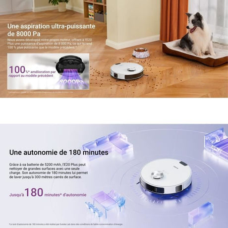 EUREKA E20 Plus - Aspirateur Robot avec Station de Vidange Automatique - 8000 Pa  - Anti Enchevetrement - Évitement d'Obstacles 3D