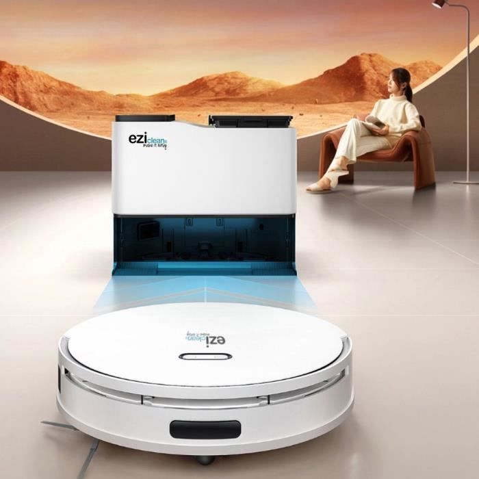 Robot Aspirateur Laveur connecté avec base de vidage - EZICLEAN All In One Z15 Pro - 10 000 Pa - 1,5 L - Blanc