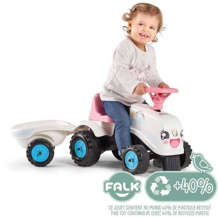 Porteur Tracteur Rainbow Farm - FALK - Volant directionnel avec klaxon - Blanc et Rose - 100% Fabriqué en France - Des 12 mois