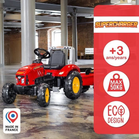 Tracteur a pédales Supercharger - FALK - Volant directionnel et remorque - Fabriqué en France - 60% de plastique recyclé - Des 3 ans
