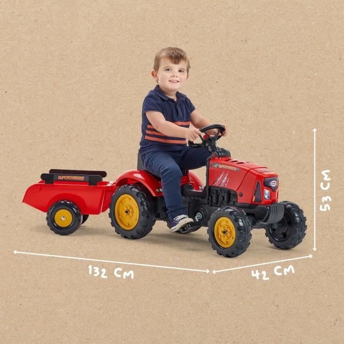 Tracteur a pédales SuperCharger - FALK - Volant directionnel et remorque - Fabriqué en France - 50% de plastique recyclé - Des 2 ans