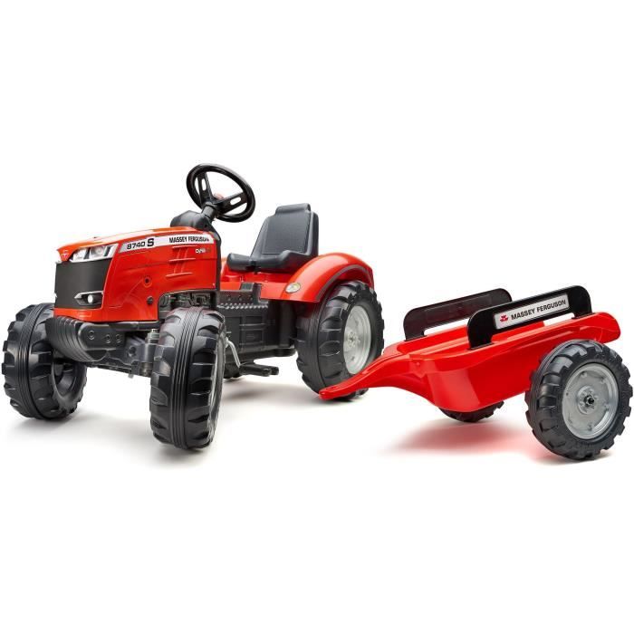 Tracteur a pédales Massey Ferguson - FALK - Volant directionnel, Remorque - Fabriqué en France - 60% de plastique recyclé, Des 3 ans