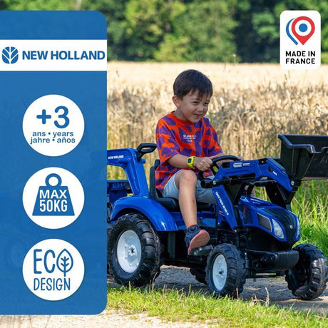 Tractopelle a pédales New Holland - FALK - Excavatrice et Remorque - 100% Fabriqué en France - 50% de plastique recyclé - Des 3 ans