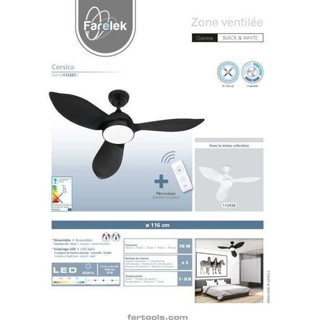 CORSICA Noir- Ventilateur de plafond Ř116cm 70W + éclairage LED