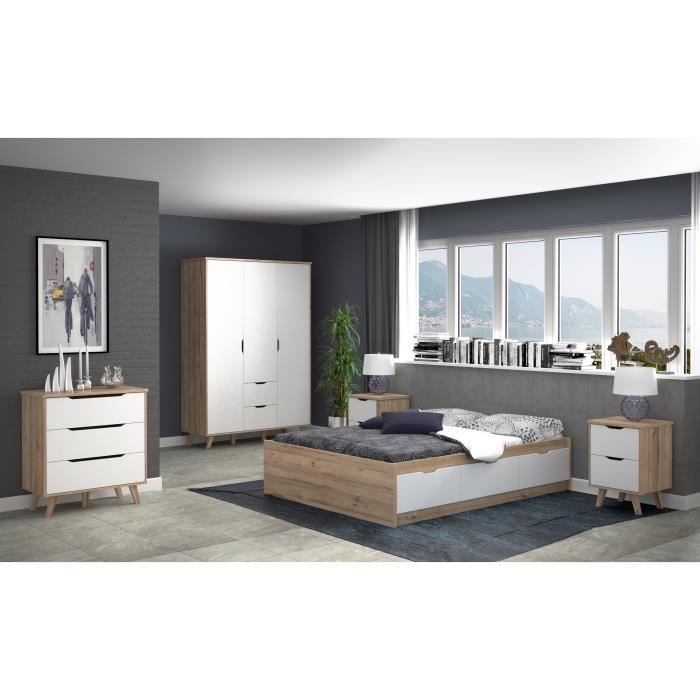 Commode VANKKA 3 Tiroirs - Décor chene et blanc - Scandinave - L 80 x P42 x H86,3cm