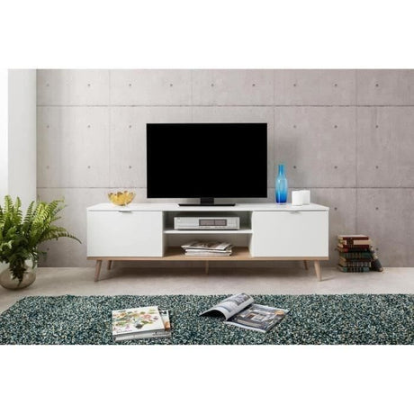 Meuble TV scandinave GÖTEBORG - Blanc - 2 Portes - L 160 x P 40 x H 50 cm