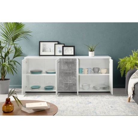 Buffet bas - Panneaux de particules - Blanc et décor gris béton - 4 portes + 3 tiroirs - L 179 x P 42 x H 74,5 cm