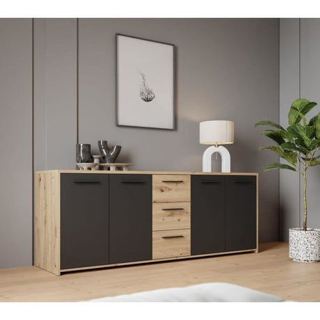 Buffet PILVI - Style contemporain - Particules mélaminé -Décor Chene artisan et Noir- 4 portes + 3 tiroirs - L179,2 x P42 x H74,5