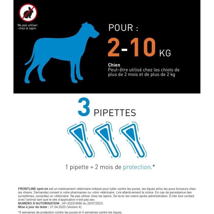 Frontline Spot On chien - Anti-puces anti-tiques pour chien S - 2-10kg - 3 pipettes