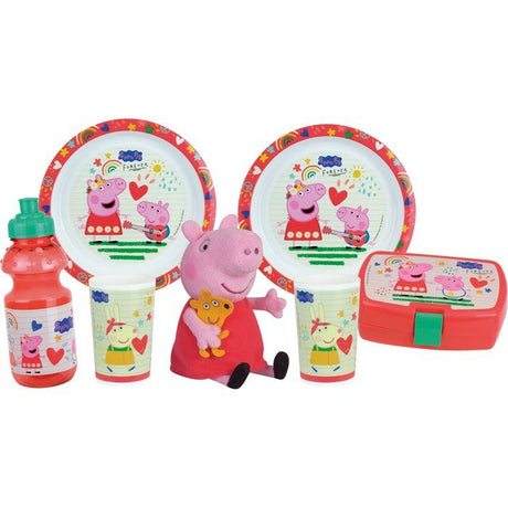 Lot vaisselle - FUN HOUSE - PEPPA PIG - 2 assiettes creuses Ř 22 cm, 2 verres 220 ml, gourde 350 ml, boîte a goűter et peluche 17 cm