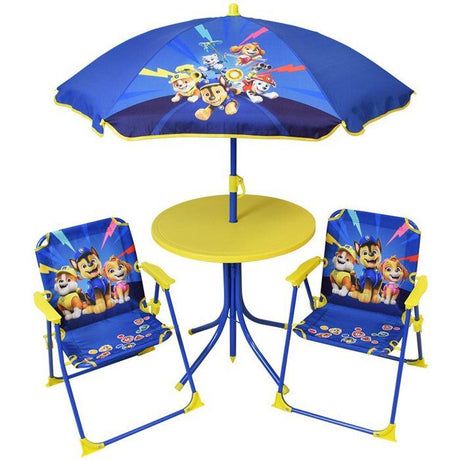 Salon de jardin FUN HOUSE PAT'PATROUILLE - 1 table 46 x Ř46 cm, 2 chaises 53 x L.38,5 x P.37,5 cm et 1 parasol  H.125 x Ř100 cm