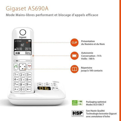 Téléphone Fixe AS690 A Trio Blanc - GIGASET - Monochrome - 20 tonalités de sonnerie - Mains libres