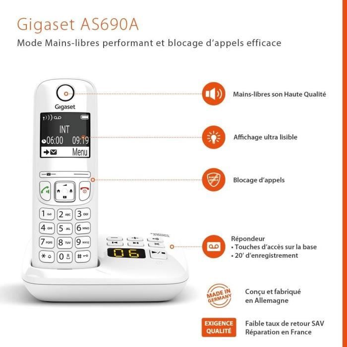 Téléphone Fixe AS690 A Trio Blanc - GIGASET - Monochrome - 20 tonalités de sonnerie - Mains libres