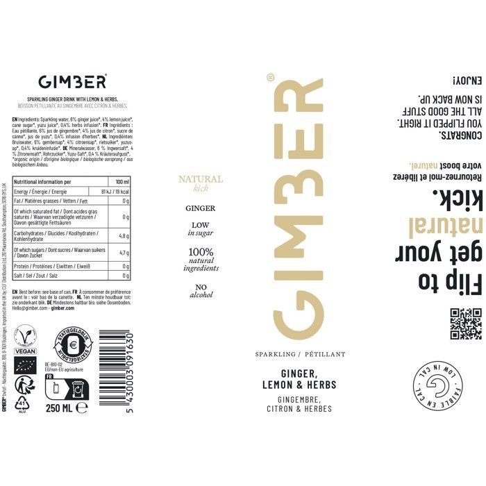 Gimber - Original - Pret-a-boire - Canette - Gingembre, citron et herbes - 12 x 250 ml - Bio