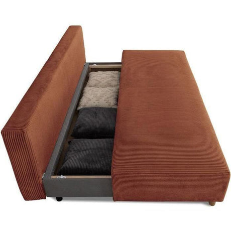 Canapé droit convertible 3 places GINO - Velours côtelé terracotta - Avec coffre - L 195 x H 89 x P 91 cm