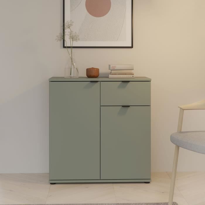 Petit meuble de rangement -  Buffet  - GANYMEDE - 2 portes - 1 tiroir - Sauge - 80,1 x 34,1 x 82,3 cm