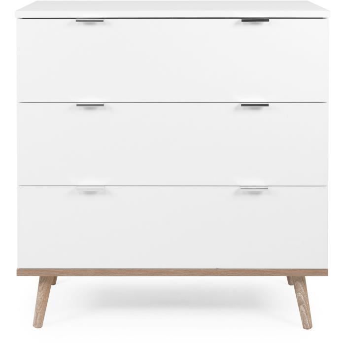 Commode Göteborg - 3 tiroirs - Décor blanc et chene - Style scandinave - L 79,8 x P 40 x H 86,5 cm