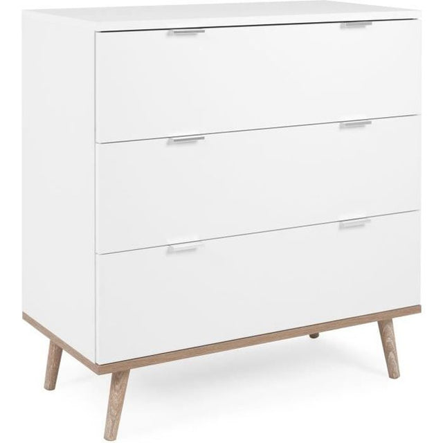 Commode Göteborg - 3 tiroirs - Décor blanc et chene - Style scandinave - L 79,8 x P 40 x H 86,5 cm