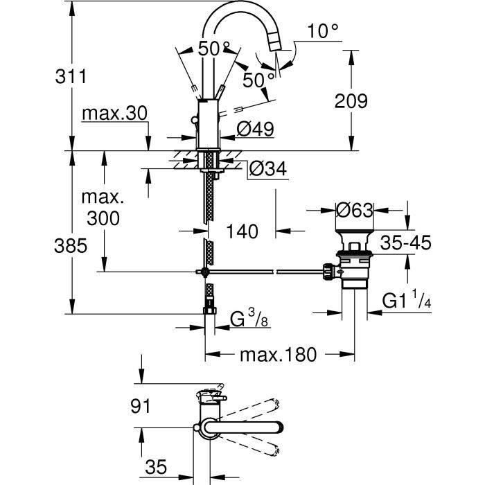 Mitigeur monocommande Lavabo - GROHE - Taille L - Chromé - Pivotant - Economie d'eau