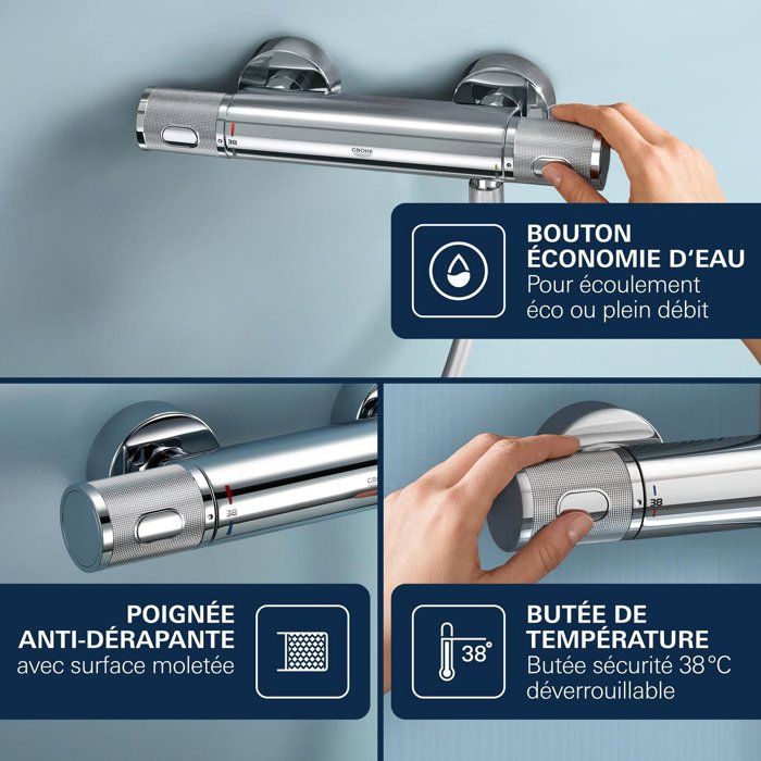 GROHE Mitigeur thermostatique douche Precision Feel, montage mural, indicateur de température, filtres intégrés, chromé, 34788000