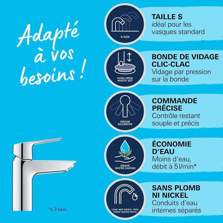 Mitigeur monocommande Lavabo GROHE Start - Taille S - limiteur de température - économie d'eau - 23550002
