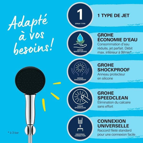 Ensemble de douche avec pommeau 1 jet Pluie, support et flexible 1,75m - GROHE Vitalio Start 110 27944001 - Economie d'eau
