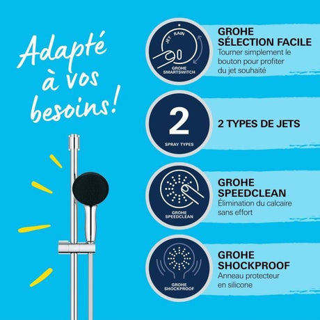Ensemble de douche avec pommeau 2 jets, barre 60cm et flexible - GROHE Vitalio Start 110 26951001 - Economie d'eau - Chromé