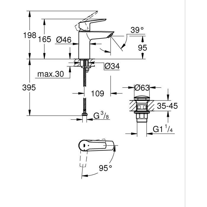 Mitigeur lavabo monocommande GROHE Start - Noir mat - Taille S - Economie d'eau