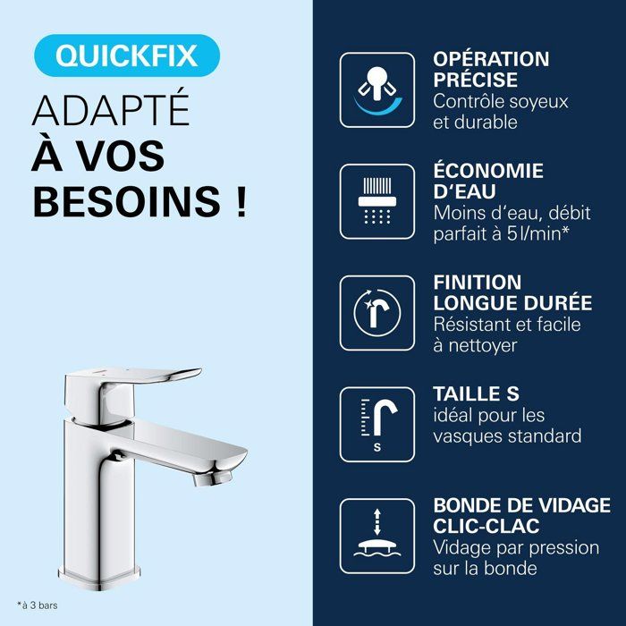 Mitigeur de lavabo - GROHE DICE - Taille S - Clic-clac - Chrome