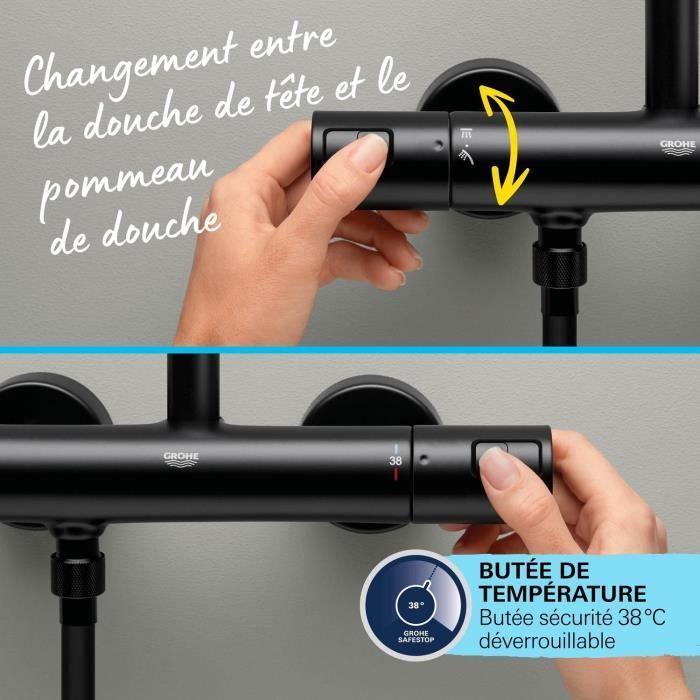 Colonne de douche avec mitigeur thermostatique - Economie d'eau - GROHE Vitalio Start System 250 - Noir Mat - 266772431