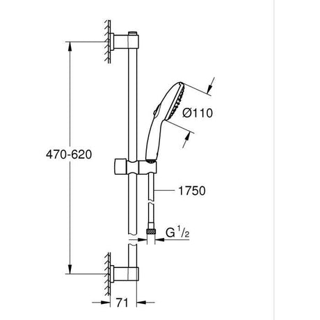 Ensemble de douche avec pommeau 2 jets, barre 60cm et flexible 1,75m - GROHE Vitalio Start 110 279482431 - Economie d'eau - Noir Mat