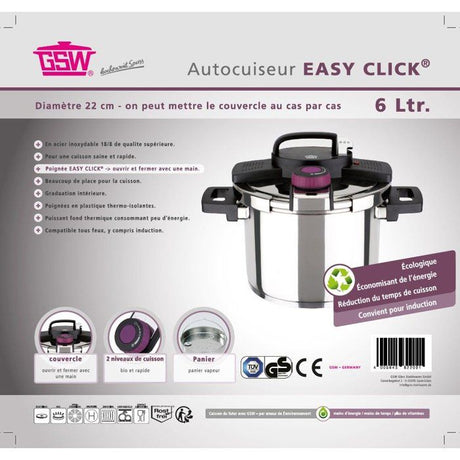 Autocuiseur - Induction - GSW - Easy Click - 6 L - Ř 22 cm - Acier massif 18/10