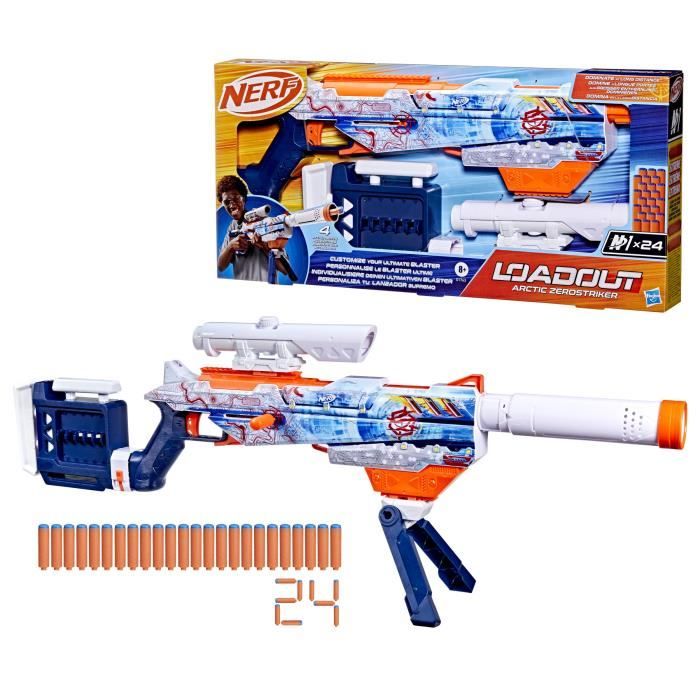 Nerf Loadout Arctic Zerostriker, blaster avec 4 accessoires interchangeables, 24 fléchettes Nerf N1, chargeur interne 6 fléchettes,