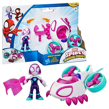 Véhicule Hélico de Ghost-Spider avec figurine de 7,5 cm et accessoire, jouets pour enfants, des 3 ans, Spidey et ses Amis Extraordin