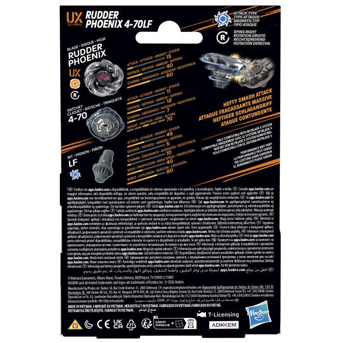 Beyblade X Starter Pack Rudder Phoenix 4-70LF UX, toupie Takara Tomy de type attaque avec lanceur, toupies de compétition, des 8 ans