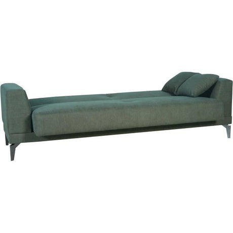 Canapé convertible 3 places  - HENRY - Tissu vert foncé - 3 coussins - coffre de rangement -  234 x 85 x 84 cm