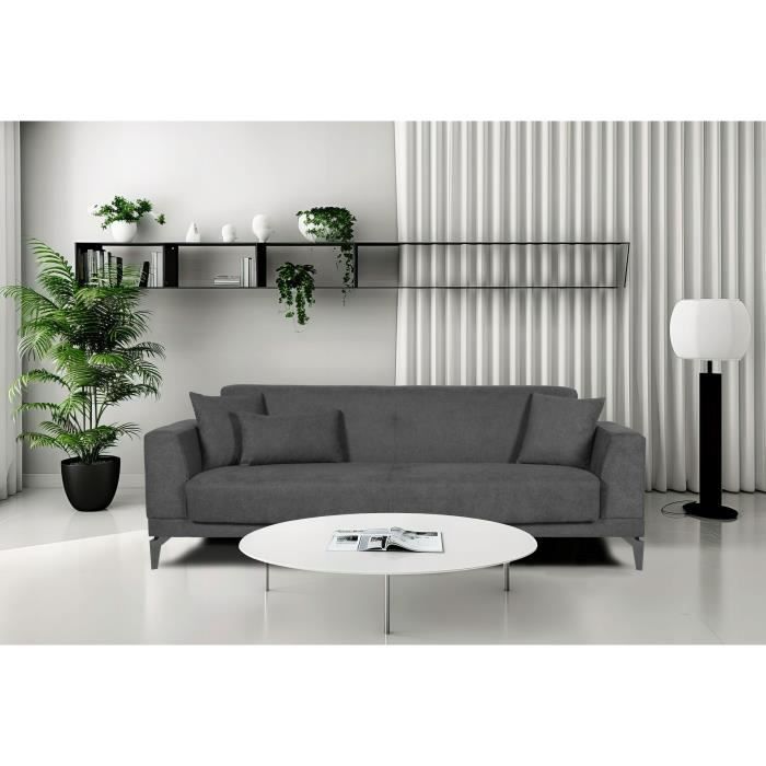 Canapé convertible 3 places  - HENRY - Tissu gris clair - 3 coussins - coffre de rangement -  234 x 85 x 84 cm