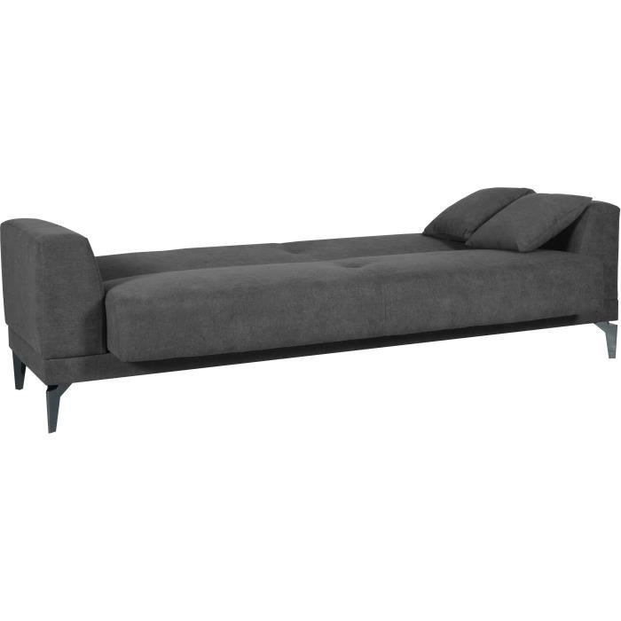 Canapé convertible 3 places  - HENRY - Tissu gris clair - 3 coussins - coffre de rangement -  234 x 85 x 84 cm