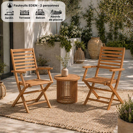Lot de 2 fauteuils de jardin pliants - EDEN - Bois Eucalyptus FSC - 57,5 x 52,5 x H91 cm